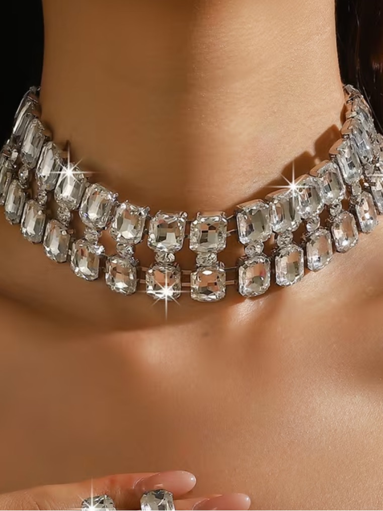 Silver Tone Crystal Rhinestone Wide Statement Choker Glam Collar Necklace